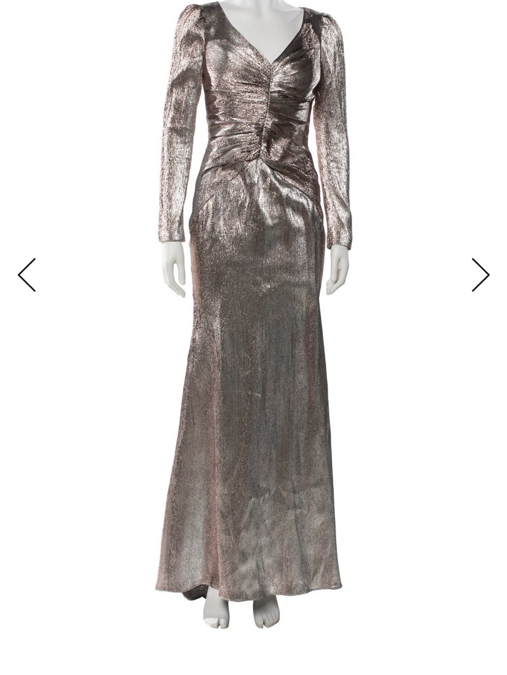 Theia Metallic Rose Gold Long-Sleeve Maxi Gown
